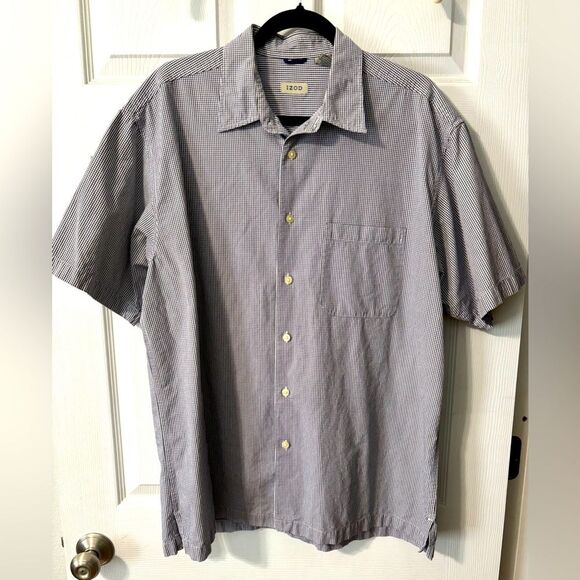 Izod Mens Shirt Large Short Sleeve Black White Checkered Button Up Casual - Picture 1 of 9